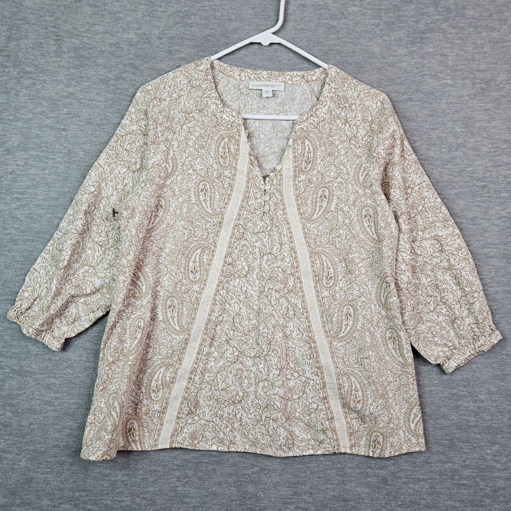 Pure Jill Women's Organic Cotton Paisley Top Tan Cream 3/4 Sleeve Size Small